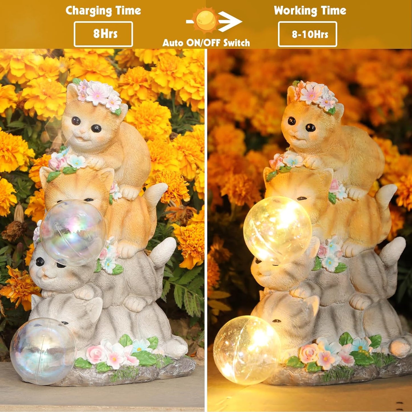 Solar Cat Garden Statue Resin Cat Statue Decor Outdoor with LED Lights for Outside Yard Art Lawn Ornaments Patio, Cat Lovers Gifts