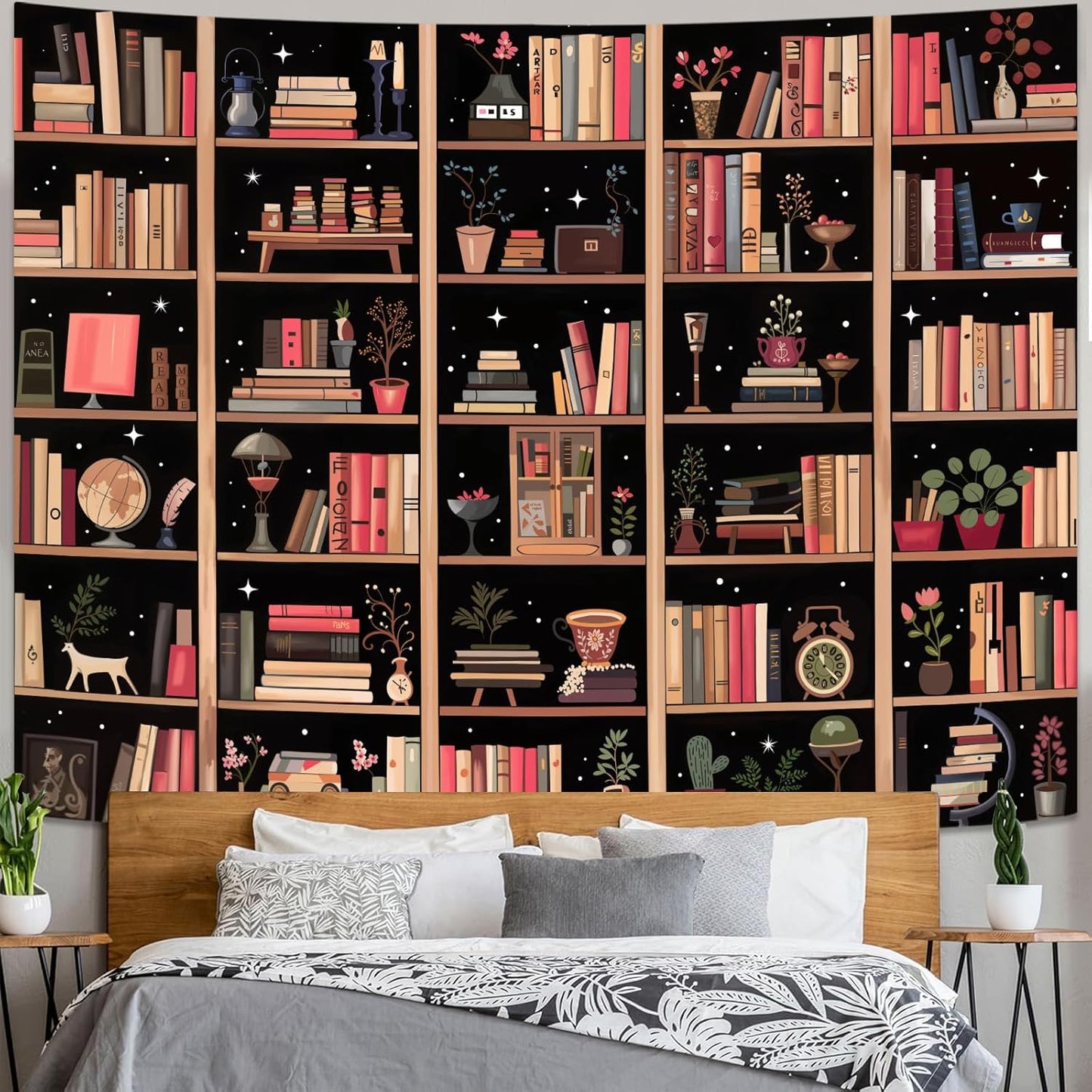 Accnicc Modern Bookshelf Tapestry Black Pink Orange Stylish Minimalist Book Shelf Tapestries Wall Hanging Art Dark Academics Library Book Tapestry for Bedroom Living Room Dorm 80 x 60 inch