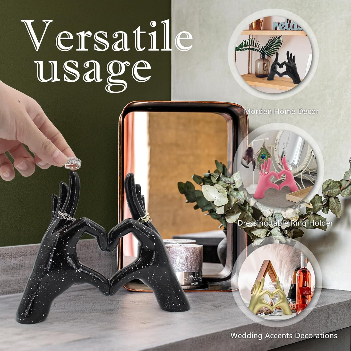 Accessoryway Black Heart Hands Decor Sculpture,Small Love Finger Gesture Decorative Sculpture for Wedding Dresser Shelves Desktop Knick Knacks Home Decor & Ring-Holder Display Stand