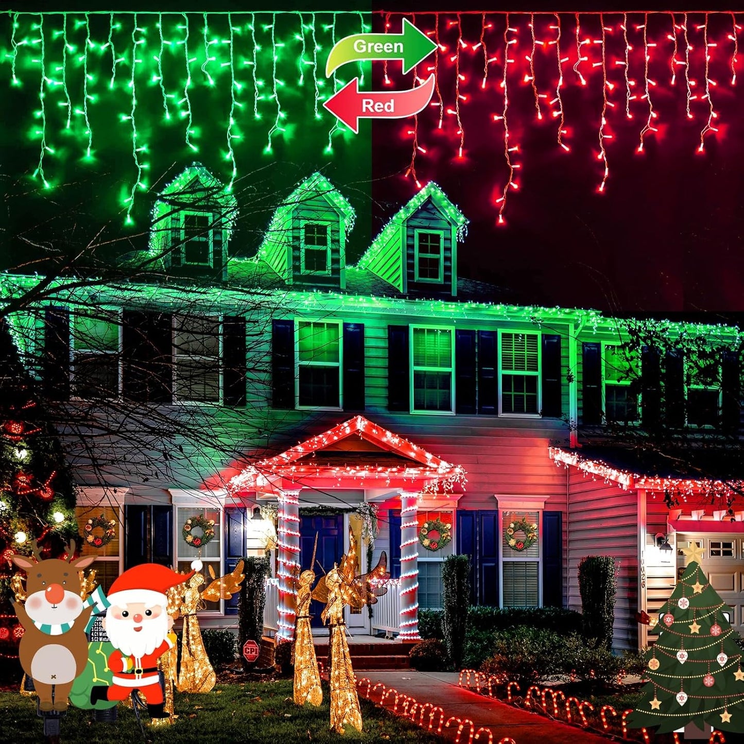 JMEXSUSS 400 LED Christmas Icicle Lights Outdoor, Red & Green Halloween Icicle Lights Clear Wire,Connectable String Lights Plug in for Christmas Party Outdoor Eaves Home Xmas Decorations