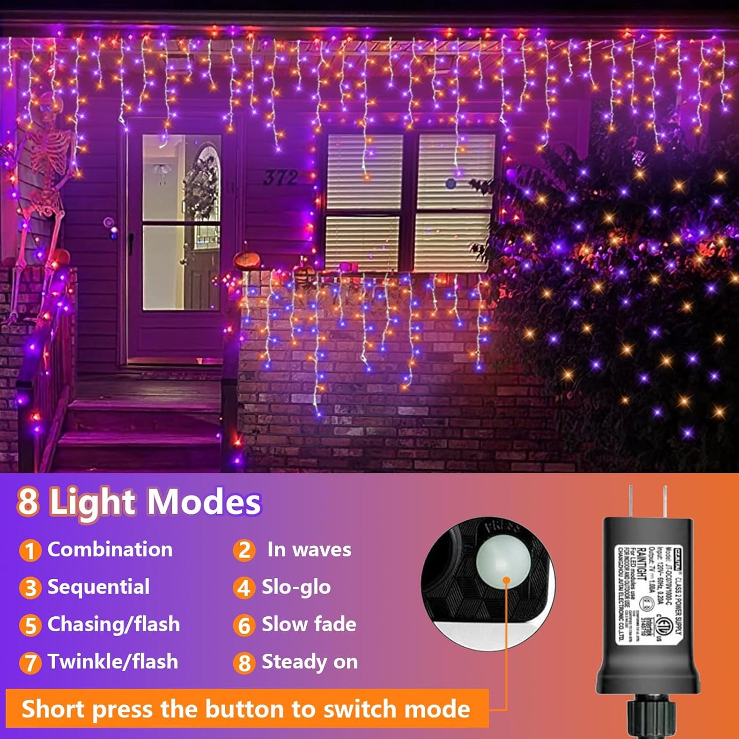 QITONG Orange and Purple Halloween Lights Outdoor, 33ft 400 LED Icicle Light Indoor Plug in, 8 Modes Connectable String Lights with 80 Drops