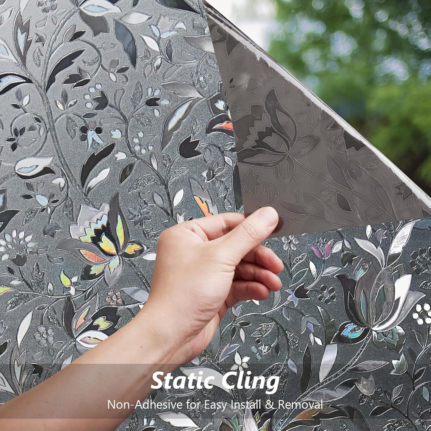 Kromapolis Window Film, Window Privacy Film Frosted, Vinyl Glass Covering, Stained Glass Decorative Film, Static Window Clings, Non-Adhesive (Grayish Black, 23.6 x 157.4 inch)