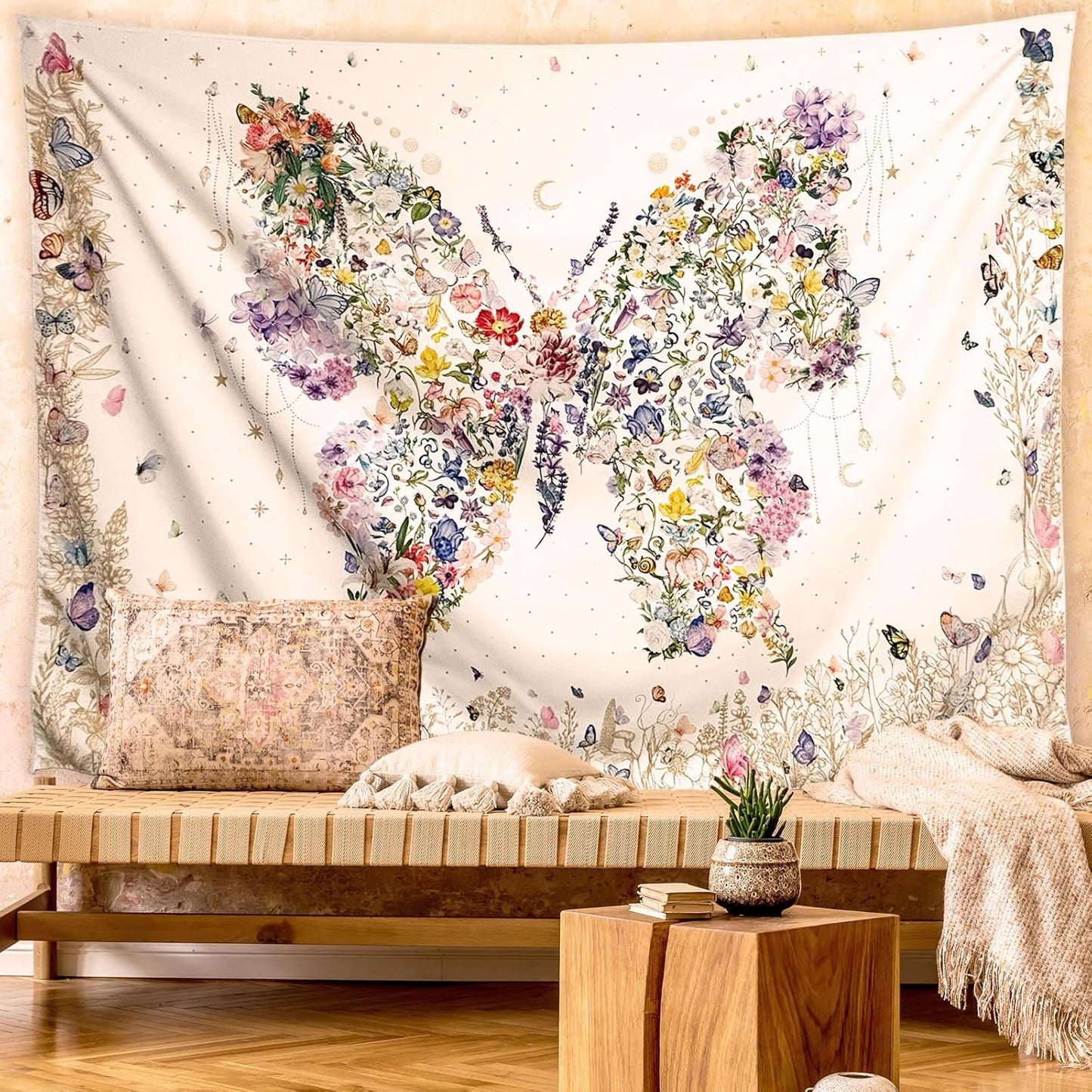 Damanse Butterfly Tapestry Wall Hanging Cute,Boho Wall Tapestry for Bedroom Aesthetic,Flower Living Room Decor for Teen Girls (White, 59.80" x 78.70")