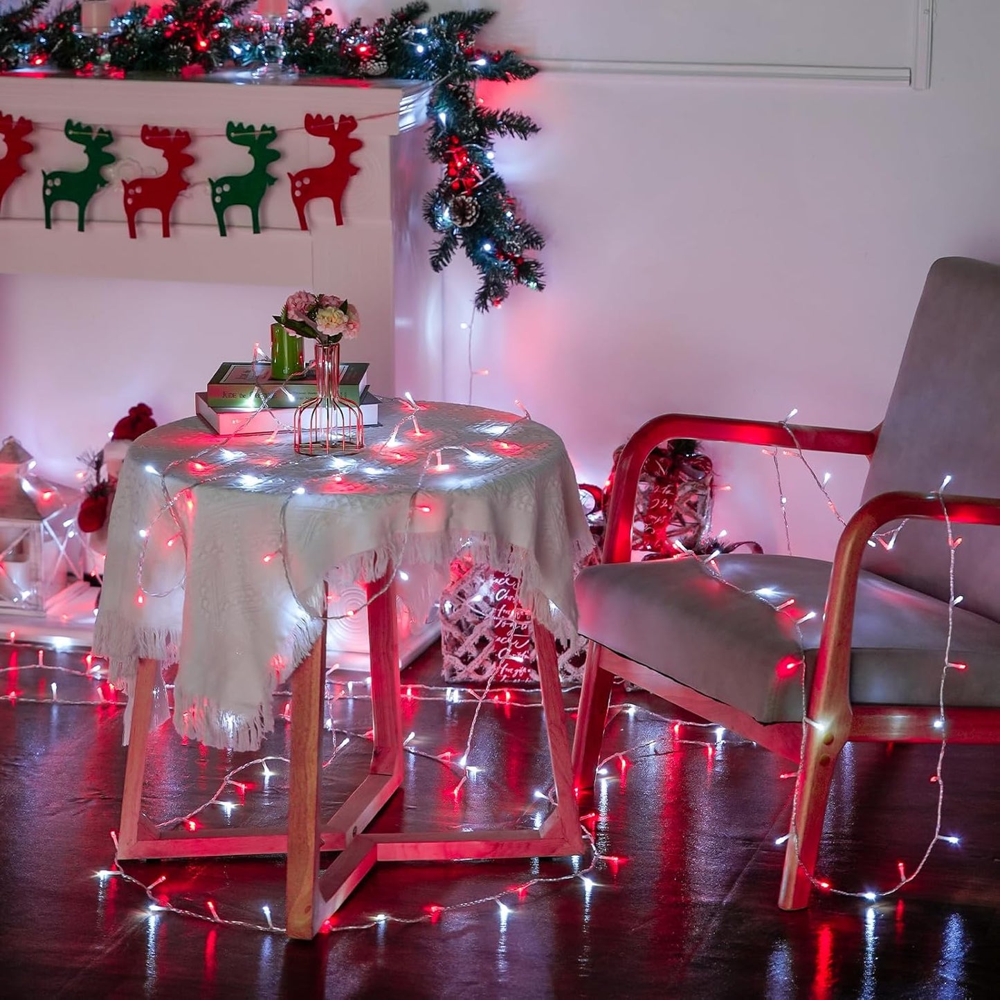 JMEXSUSS Connectable Red and White Christmas Lights, 8 Modes 100 LED Twinkle String Lights Indoor, Clear Wire Plug-in Christmas String Lights Outdoor Waterproof