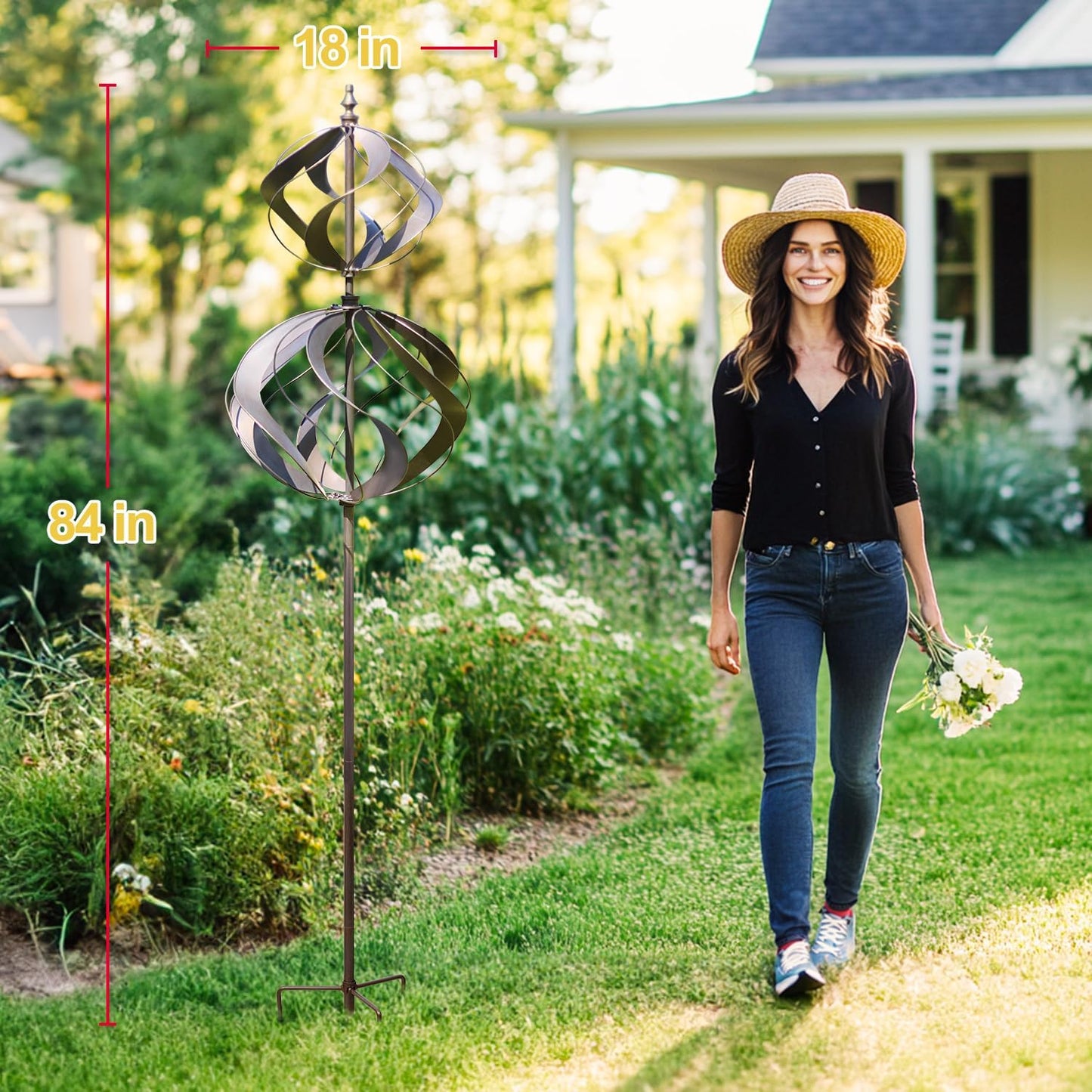 LimeHill Wind Spinner for Yard and Garden - Large Metal Windspinners for Outdoor Decorations (Silver Spherality)