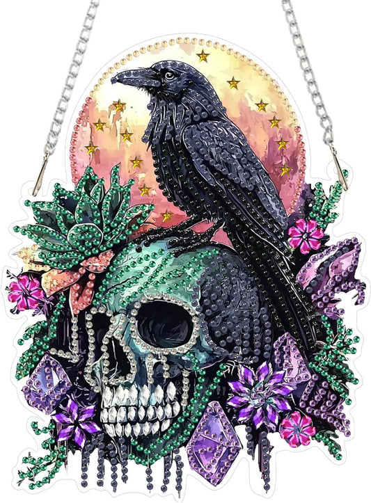 SENQAO Crow Diamond Art Hanging Kit for Adult, Special Shaped Rhinestone, Double Sided DIY Acrylic Diamond Art Painting Window Pendants Home Garden Wall Hanging Kits Hanging Ornament (Raven Skull)