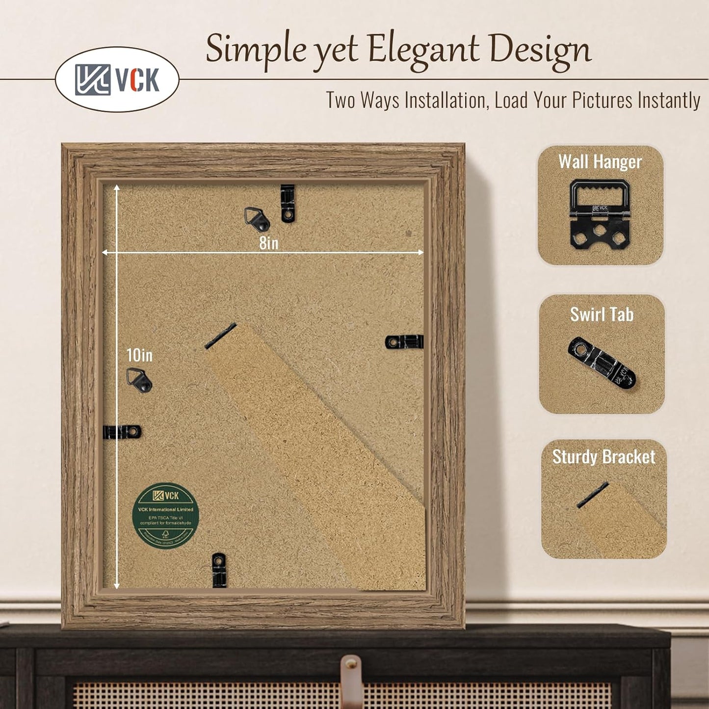 VCK 8x10 Picture Frame 3 Pack - Brown Walnut, Natural Textured Solid Wood Frame, Wall Gallery Frame