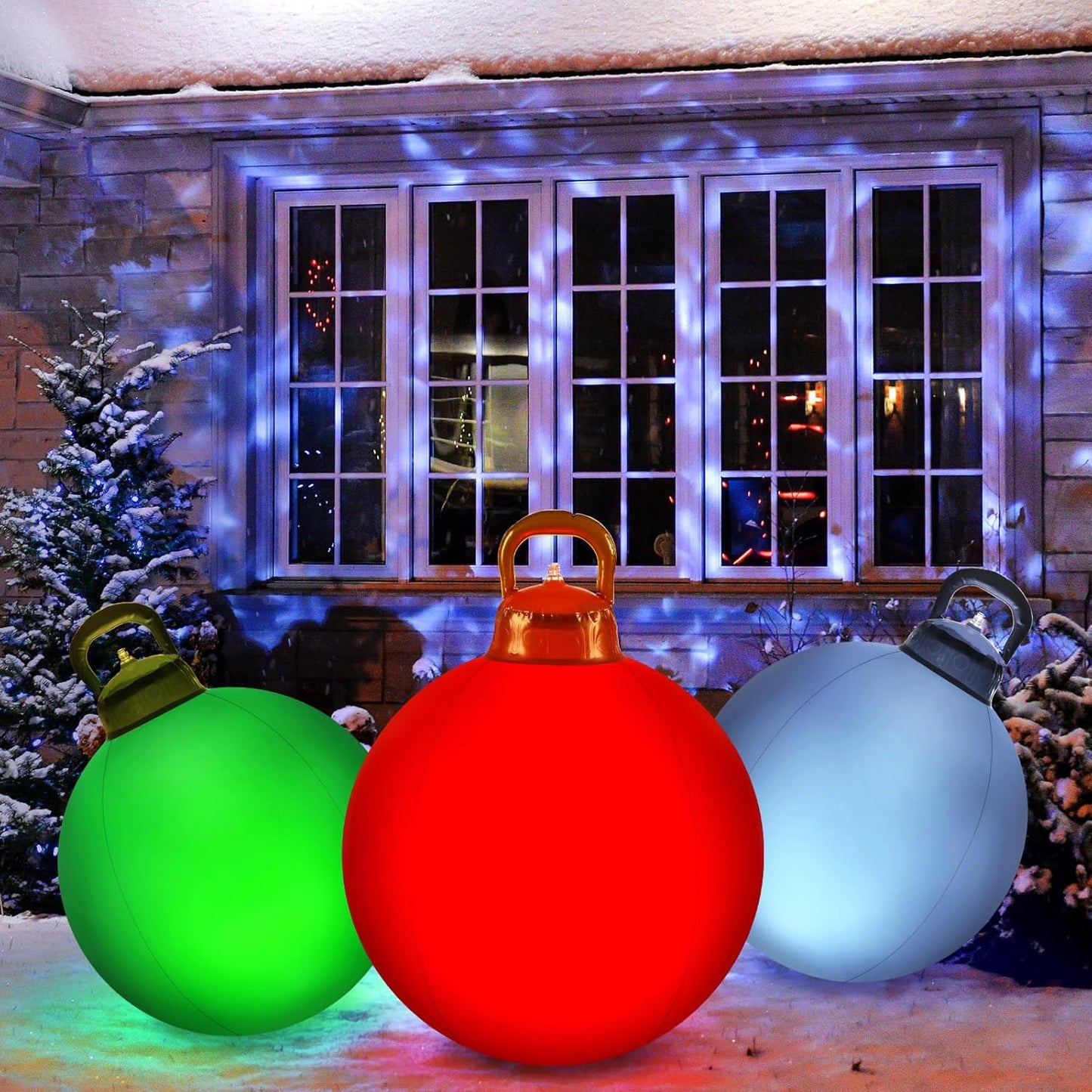 Jetec 3 Pcs Outdoor Light Up Christmas Ball Decorations Large Christmas Inflatable PVC Decorated Balls with Light 24 Inch,18 Inch Xmas Ornaments for Yard Lawn Porch(Red, Silver, Green)