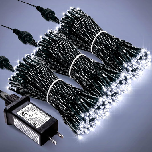 JMEXSUSS 300 LED White Christmas Lights, Outdoor Indoor, Green Wire, 8 Modes, Waterproof, Perfect for Xmas, Wedding, Party, Garden