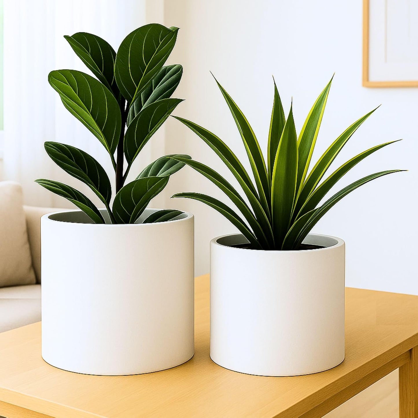 Fox & Fern 12" & 14.6" Large Planters (Set of 2) — Premium Lightweight Fiberstone Matte White Plant Pots with Drainage Plug; Extra Large Planters for Indoor & Outdoor; Weather Resistant & UV Resistant