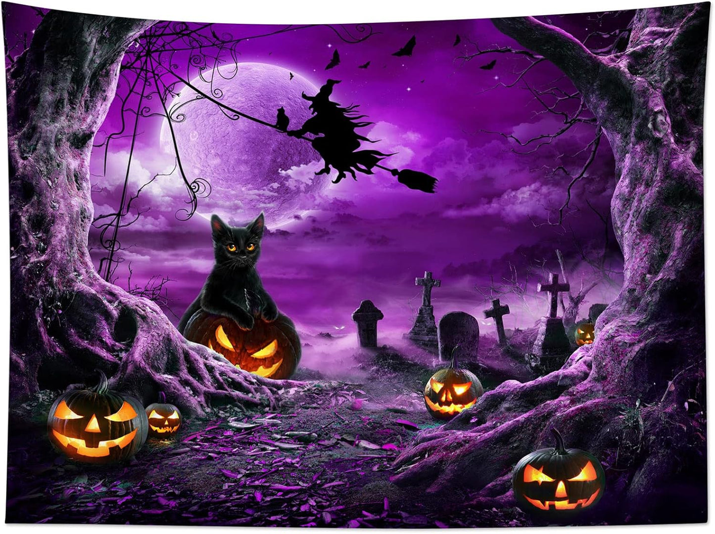 LB Halloween Wall Art - Horror Witch Cat and Dead Tree Pumpkin Lights with Spooky Graveyard Purple Full Moon over Misty Forest Wall Tapestry for Bedroom and Living Room - 80x60 Inches