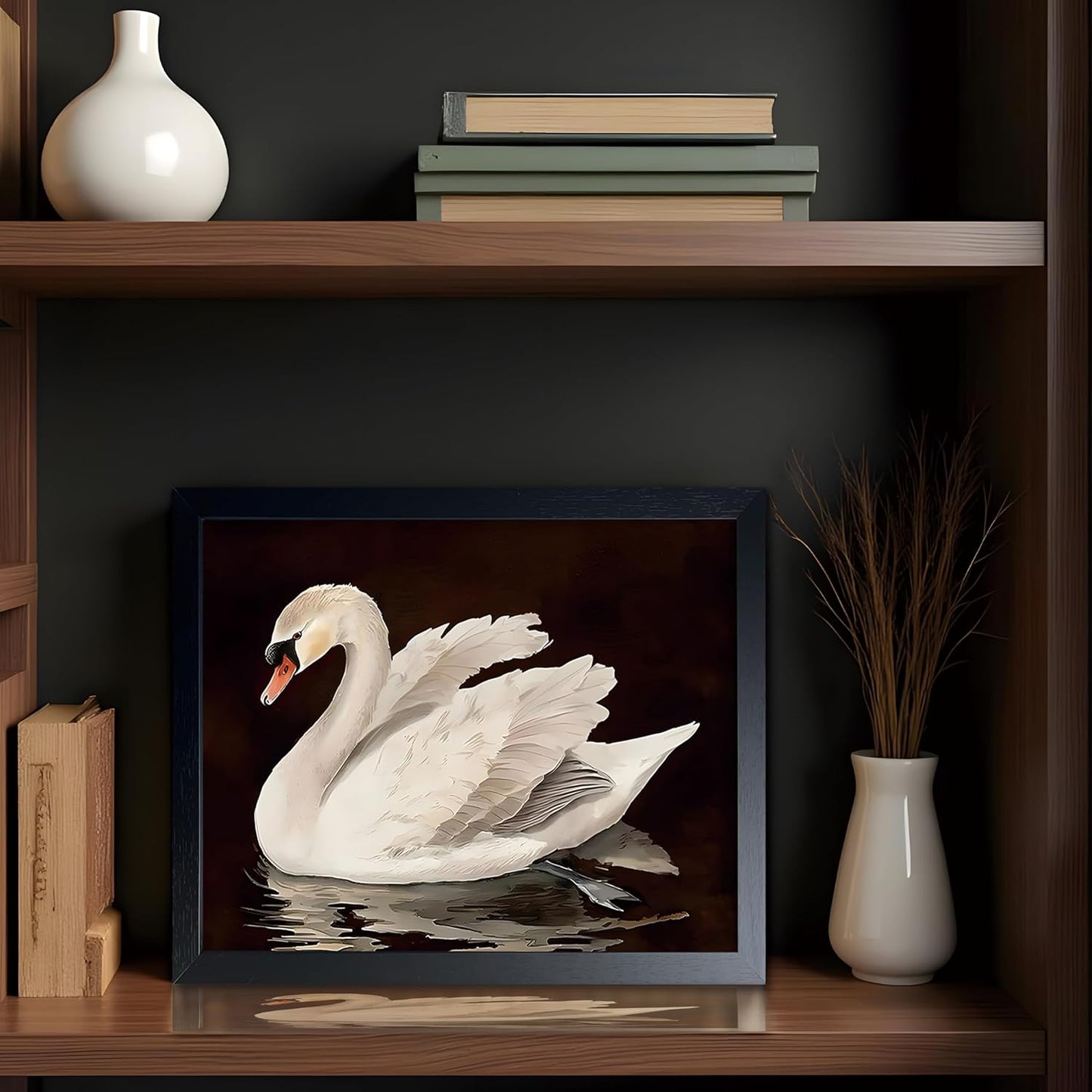 Black Wood Framed Wall Art Canvas Print Home Decor, Vintage Swan Aesthetic Wall Decor Photo, Classical Grace Swan Bathroom Prints Painting for Living Room Bedroom Office Decor 8x10 Inch