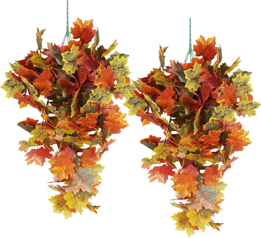 RECUTMS 2pcs Artificial Hanging Maple Leaves Plants Fake Fall Vines Plants Faux Autumn Hanging Fall Artificial Mums for Indoor Outdoor Thanksgiving Party Wedding Home Wall Door Decor(Green Yellow)
