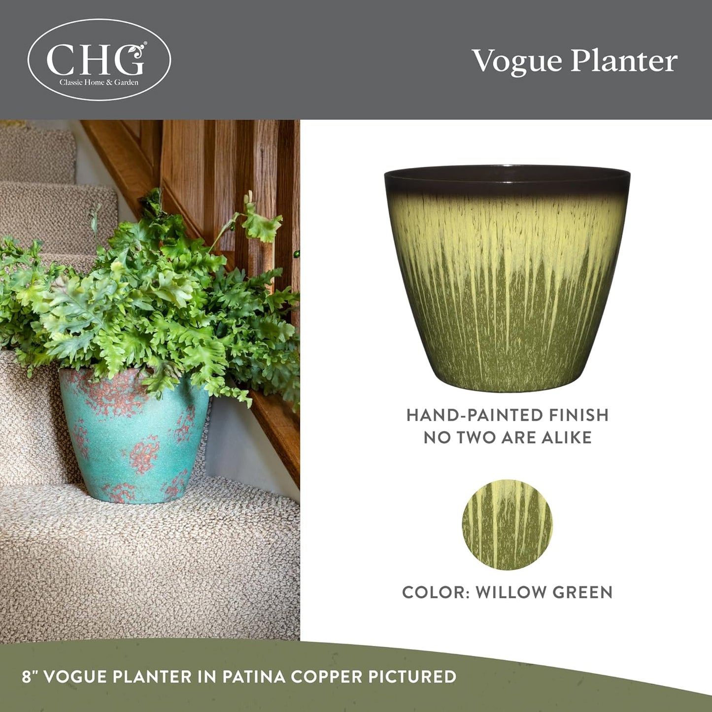 Classic Home and Garden Vogue Planter Pots w/Pottery Quality Finish - Modern Indoor & Outdoor Flower Pots - UV-Resistant Porch Planters - Decorative Pot for Flowers & Herbs (8” Willow Green)