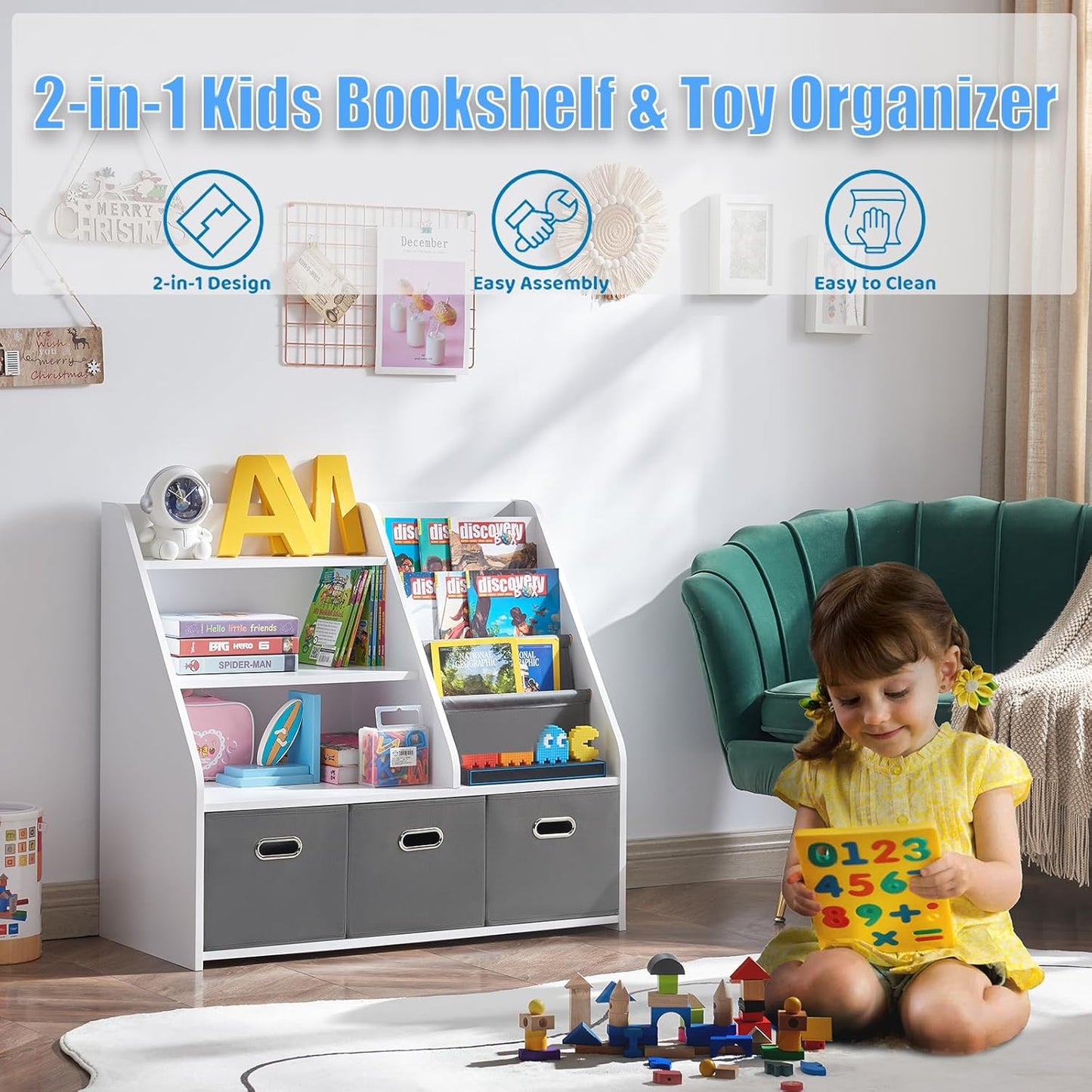 Wood Kids Bookshelf, Toy Organizer with Bookshelf, Montessori Toy Shelf W/Sling Rack & Fabric Toy Bins, Toy Storage Organizer for Toddler Children, Wooden Book Shelf for Kids Room Playroom