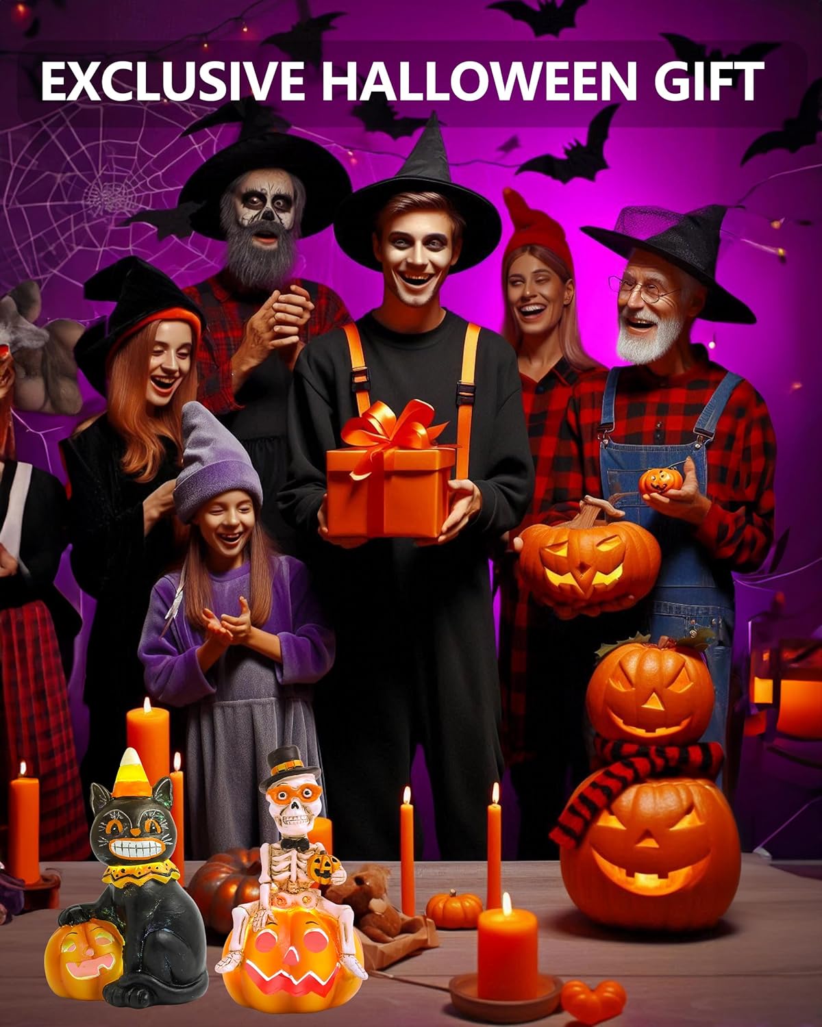 Vintage Halloween Decorations Indoor - 2-Pack 4.7'' Resin Skeleton Gentleman & Black Cat Figurine with Flickering Pumpkin Lights - Halloween Table Decor Ornaments Gifts (Jack-O’-Lantern)