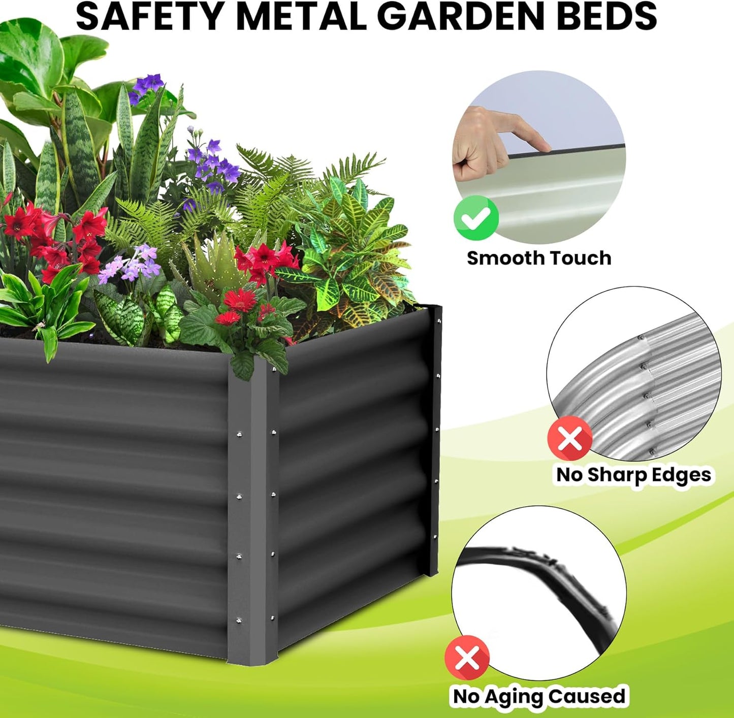 Galvanized Raised Garden Bed Outdoor, 2 Pcs 6x3x1.5FT Outdoor Large Planter Raised Beds Open Base with Safety Edge and Glove for Vegetables Flowers Ground Planter, Dark Grey