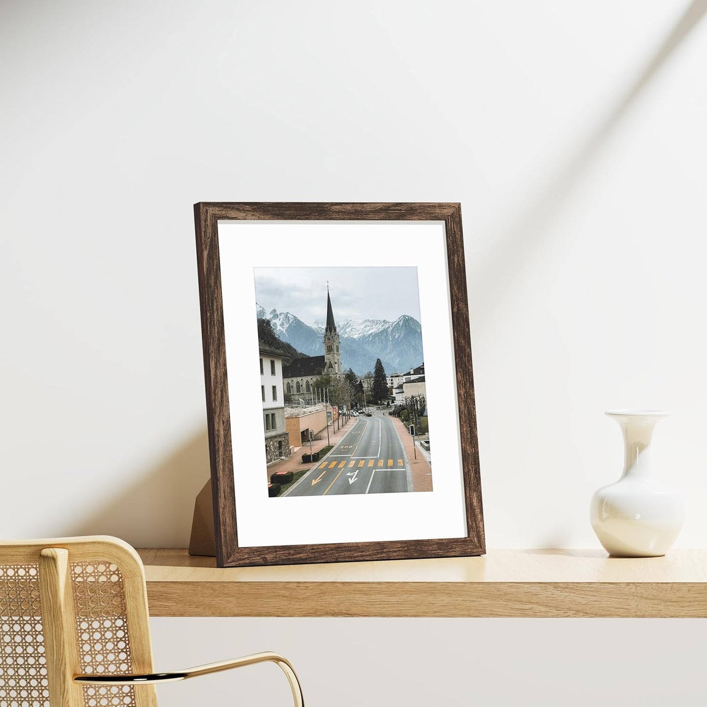 Vittanly 11x14 Picture Frames Set of 9, Shatter Resistant Plexiglass, Display 8x10 Pictures with Mat or 11x14 without Mat, Photo Frames for Wall or Tabletop, Engineered Wood, Brown