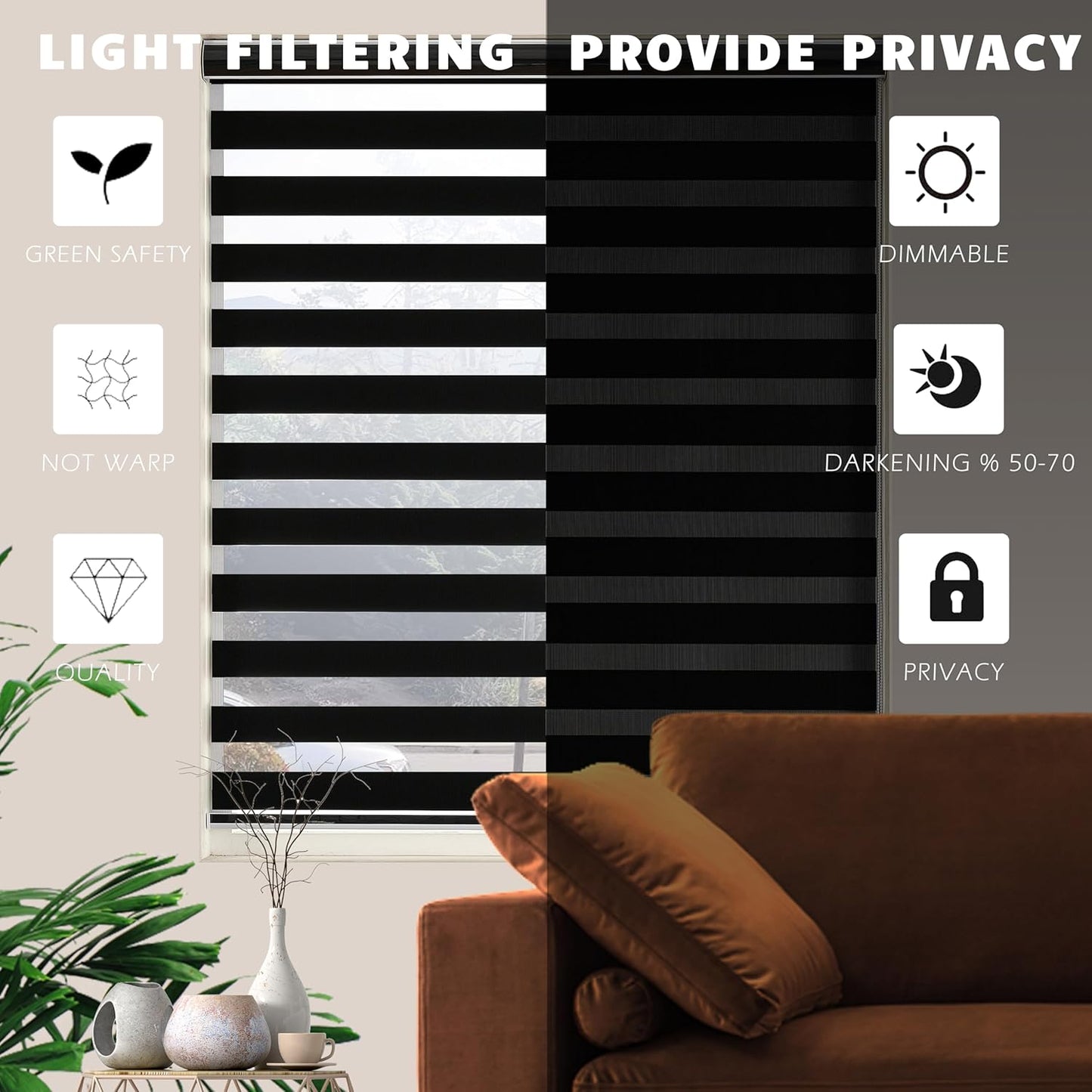 Blackout Zebra Blinds, Dual Layer Free-Stop, Room Darkening Zebra Shades, Blinds for Indoor Windows, Light Filtering Privacy Sheer Shade for Home(57" W X 72" H, Black)