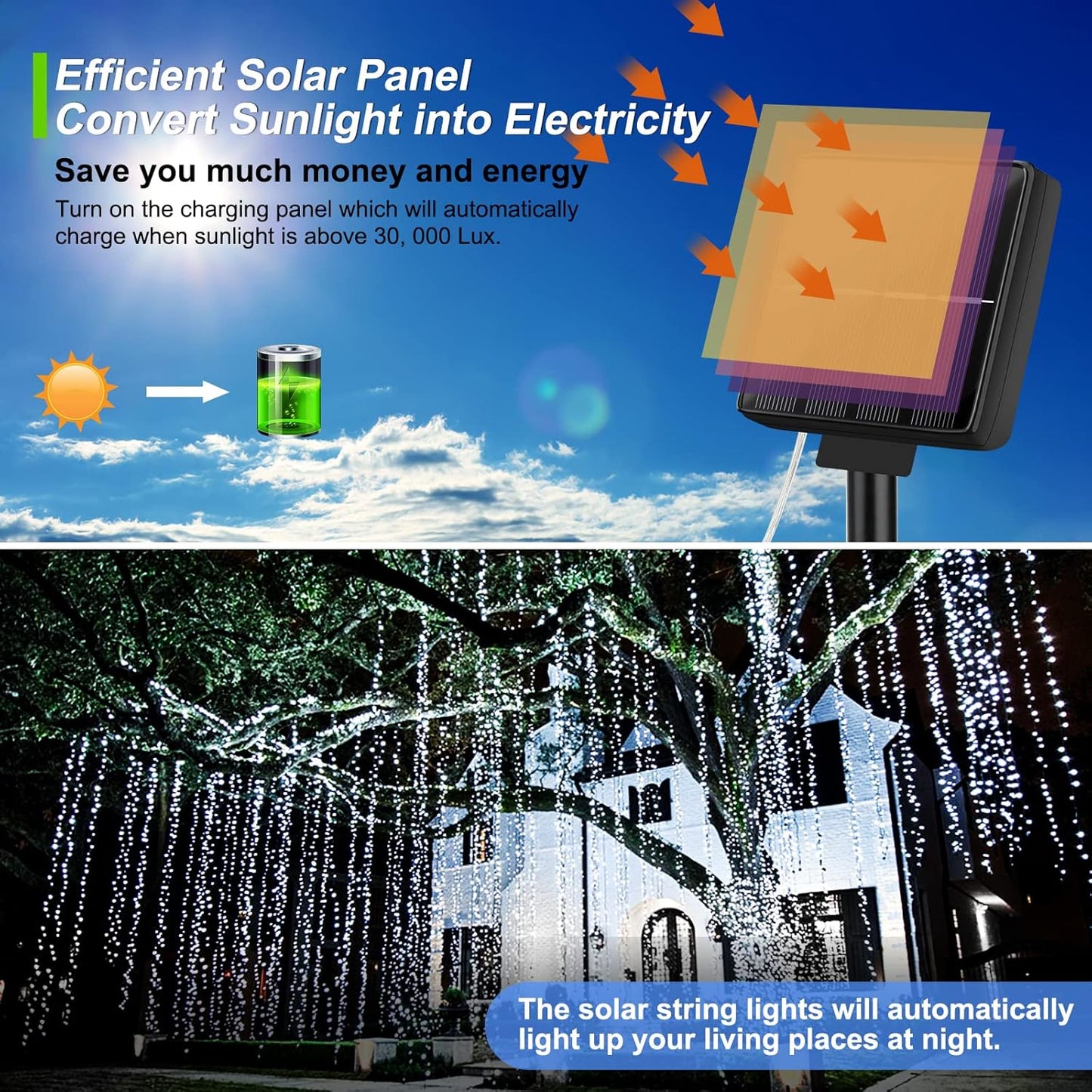 Brightever Solar Outdoor LED String Lights 288Ft Waterproof, 4-Pack Each 72FT 200 LED Solar Powered Fairy Lights with 8 Modes, Outside Twinkle Lights for Backyard, Balcony, Christmas (Daylight White)