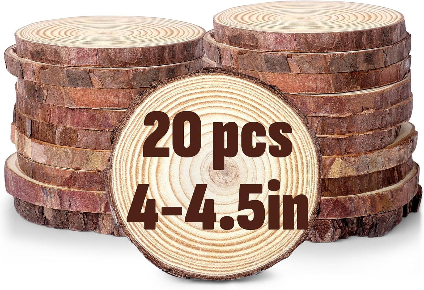 FUMILE Unfinished Natural Wood Slices 4-4.5 Inch, 20 PCS Round Wooden Discs with Tree Bark, Wood Rounds for Crafts Christmas Ornaments, Wood Circles for Rustic Wedding Decoration