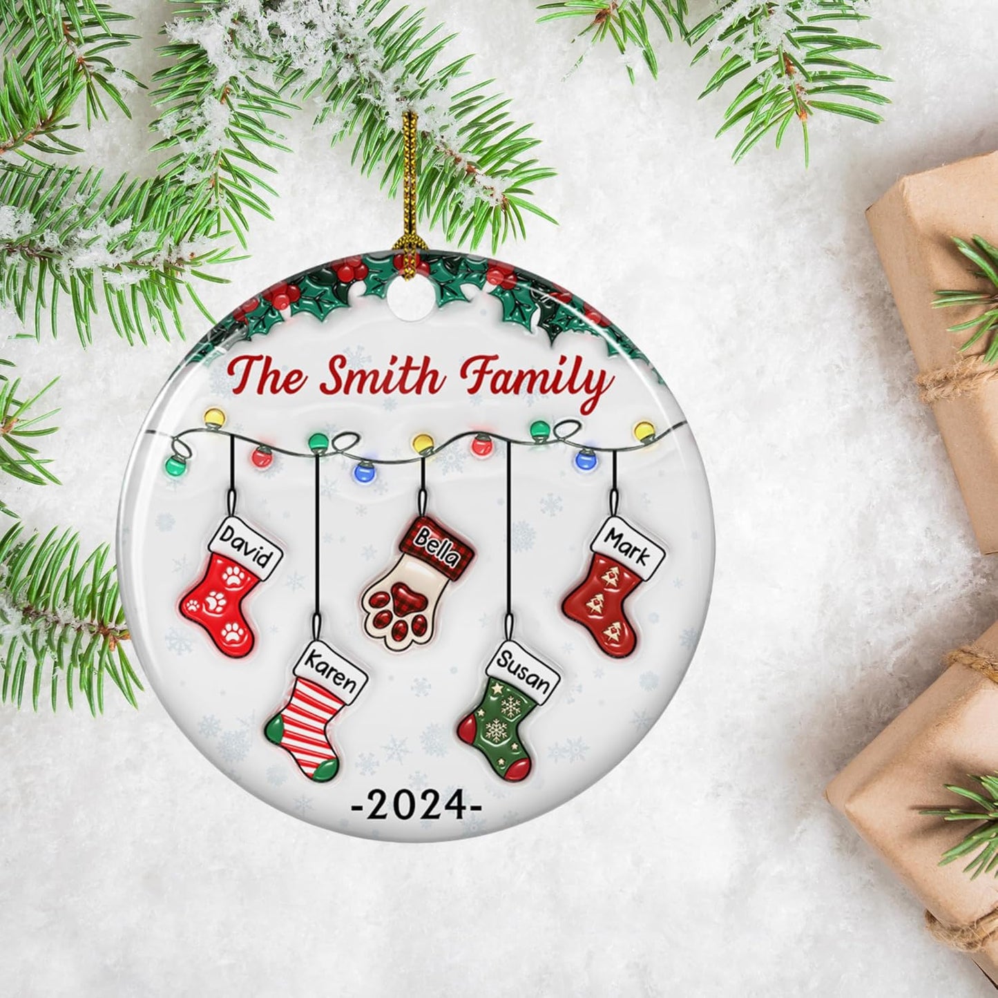 Stocking Personalized Family Christmas Ceramic Ornament 2025-3D Inflated Effect Custom Name Hanging Stock up to 10 Members, First Xmas as A Family Ornament Gifts (A04, 7 Names)