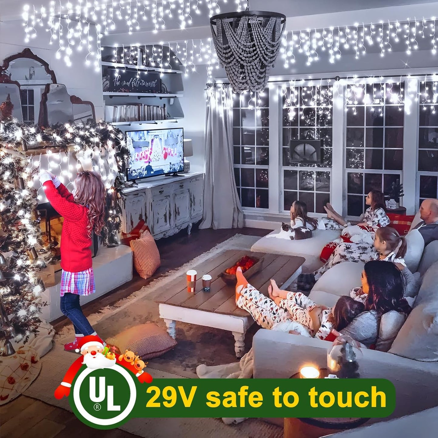 KNONEW 99FT 1216 LED Christmas Lights Outdoor Decorations 8 Modes White Curtain String Light with 228 Drops, Clear Wire LED String Light Indoor Decor for Wedding Party Holiday Christmas