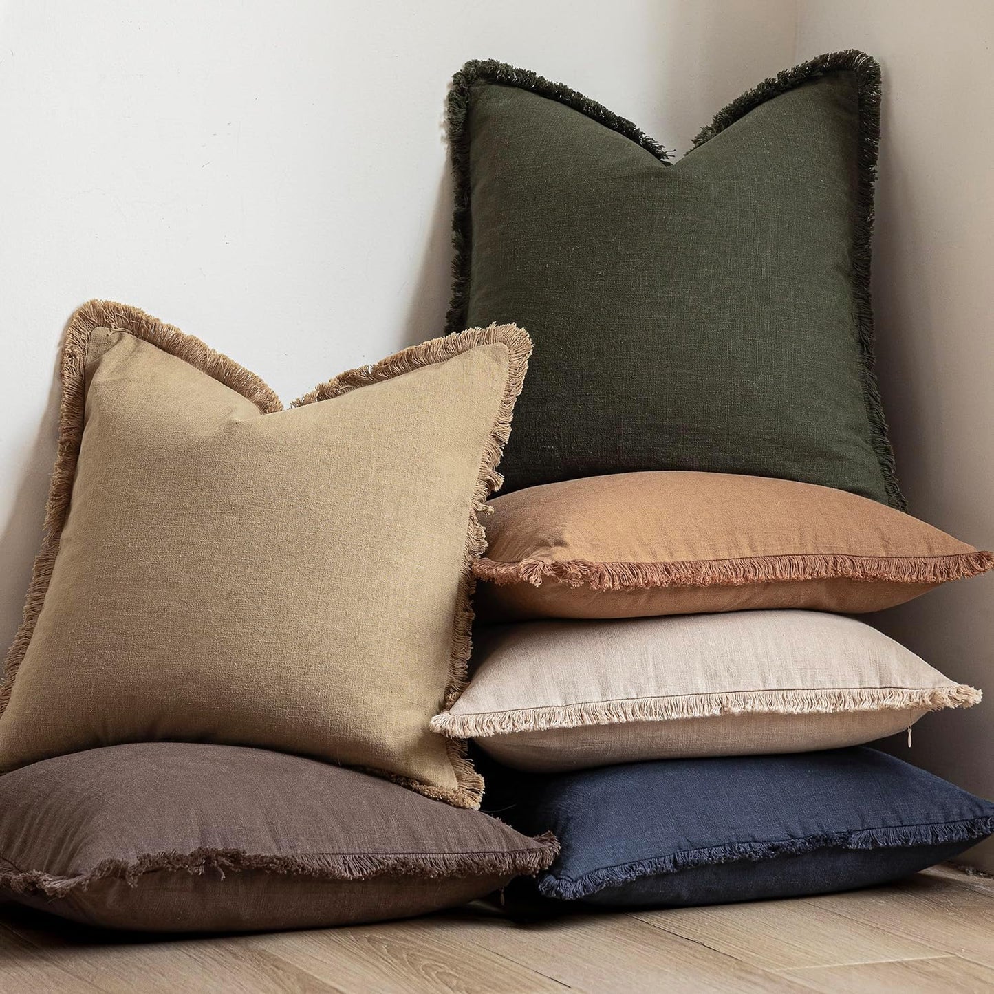 Foindtower Set of 2 Decorative Linen Fringe Lumbar Throw Pillow Covers Farmhouse Cushion Cover with Tassels Accent Pillowcase for Couch Sofa Bed Living Room Home Decor,12×20 Inch,Light Khaki Taupe