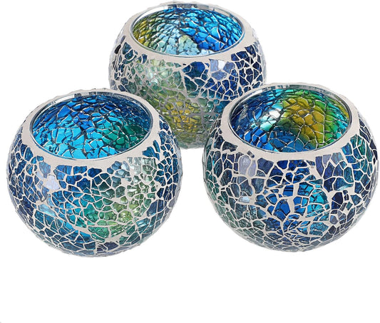 OwnMy Set of 3 Blue Mosaic Glass Tea Light Holders Round Bowl Votive Candle Holders Pillar Candle Stands, Glass Mosaic Tealight Holders Potted Plant Bowl Vase Candle Centerpiece for Table Wedding