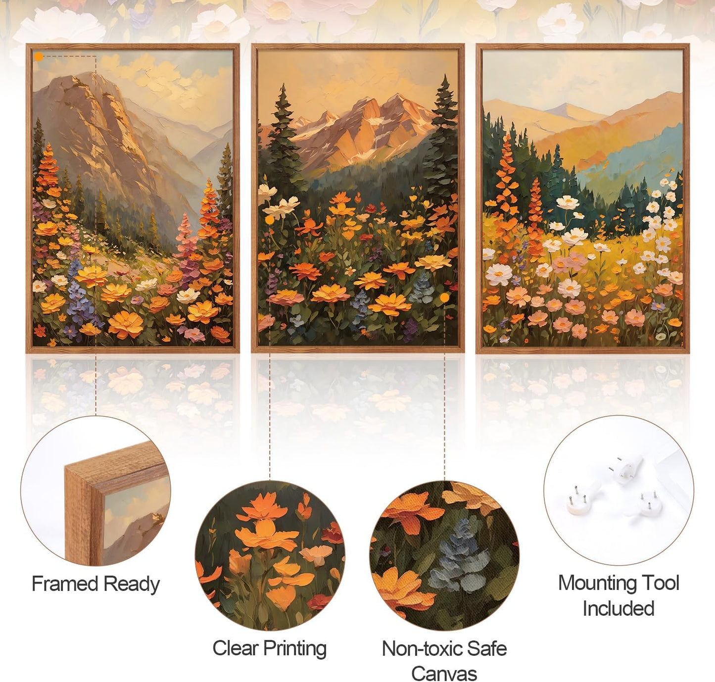 Aurlan Boho Mountain Sunset Landscape Framed Wall Art(16"x24"), 3PCS Large Wildflowers Meadow Canvas Artwork, Colorful Abstract Watercolor Nature Forest Scenery Decor for Home Office Bedroom