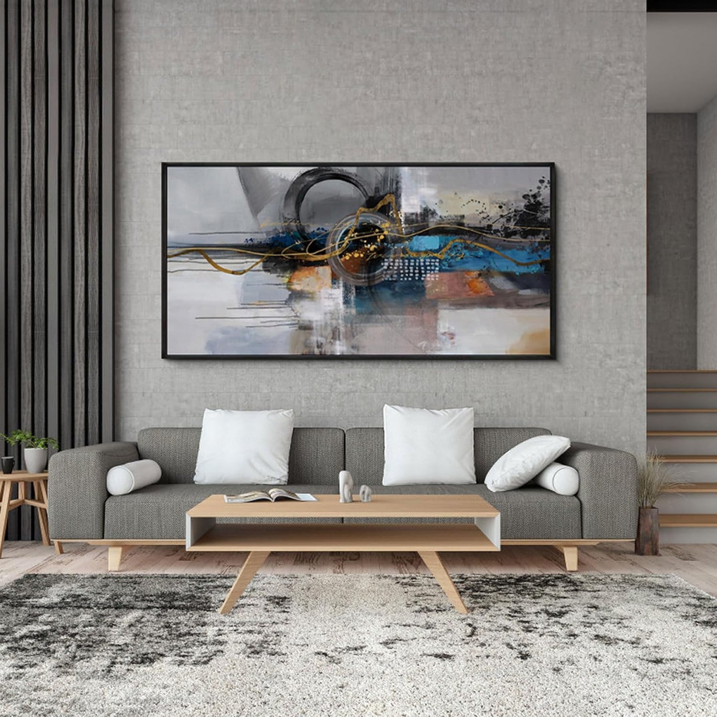 XLSJERST Large Abstract Frame Wall Art - Black and Blue Cnavas Framed Artwork for Walls Modern Minimalist Boho Gray Pictures Wall Decor for Living Room Bedroom Office Home Decoration 20x40 Inches