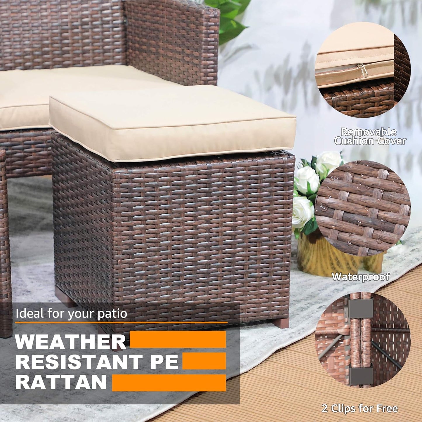 Patiorama 2 Pieces Assembled Outdoor Patio Ottoman, Indoor Outdoor All-Weather Dark Brown Wicker Rattan Outdoor Footstool Footrest Seat with Beige Cushions, No Assembly Required