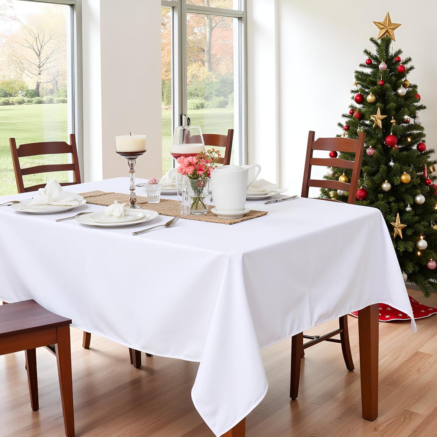 sancua Rectangle Tablecloth - 70 x 120 Inch - Stain and Wrinkle Resistant Washable Polyester Table Cloth, Decorative Fabric Table Cover for Dining Tables, Buffet Parties and Camping, White