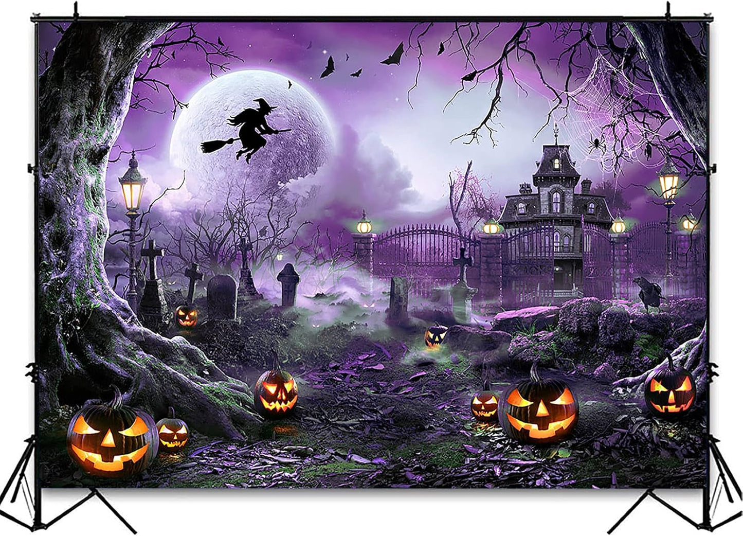 Avezano Halloween Photography Backdrop Full Moon Scary Night Castle Pumpkins Party Background Spooky Witch Bats Cemetery Child Kids Halloween Party Decorations Photoshoot Backdrops (8x6ft, Purple)