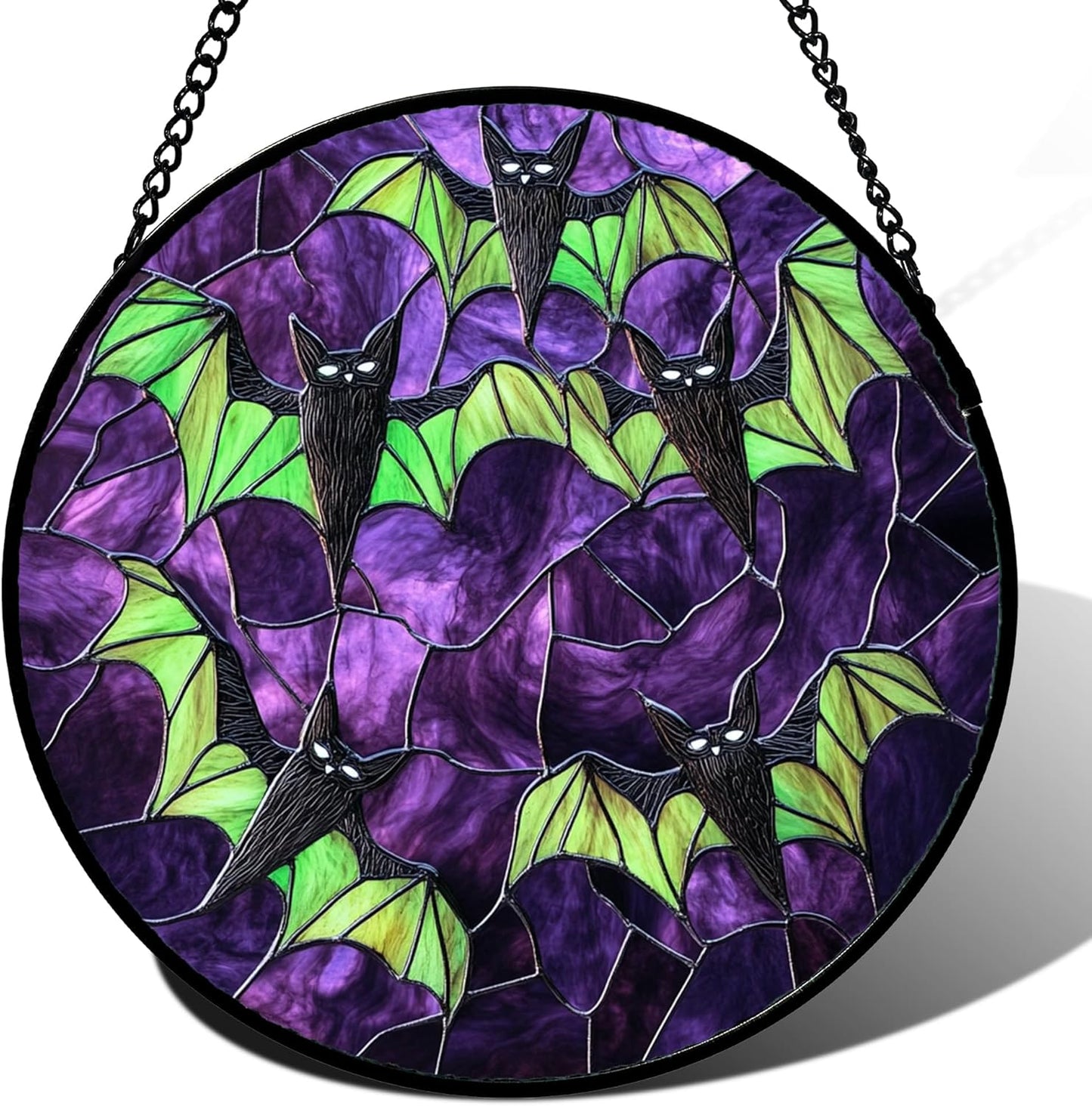 Stained Glass Window Hanging - Halloween Decorations Black Bat with Green Wings Suncatcher for Doors Garden Indoor Spooky Sun Catchers Gothic Decor Horror Gifts for Women Men Friend 6.3 in
