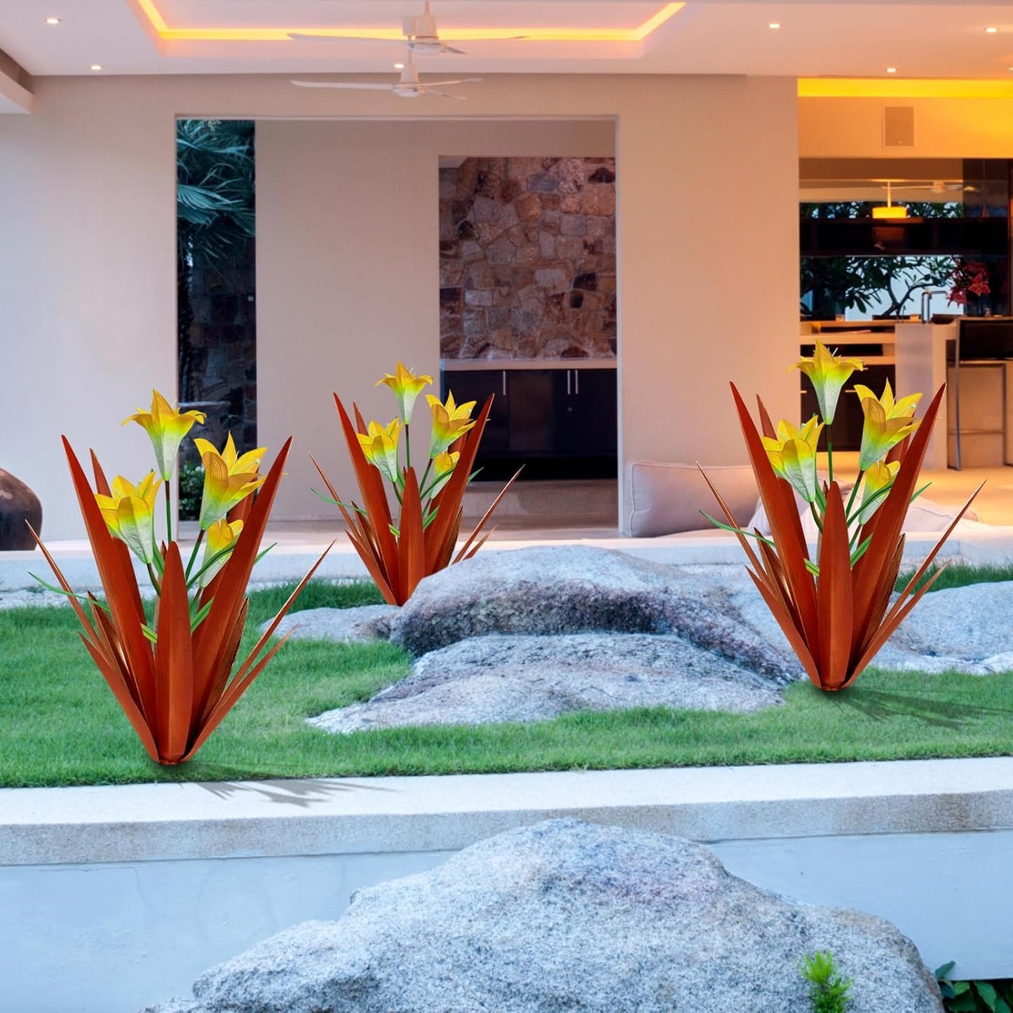 Homight Metal Agave Plant Outdoor Decoration, 3 Big Yellow Lilies, HM-390-345