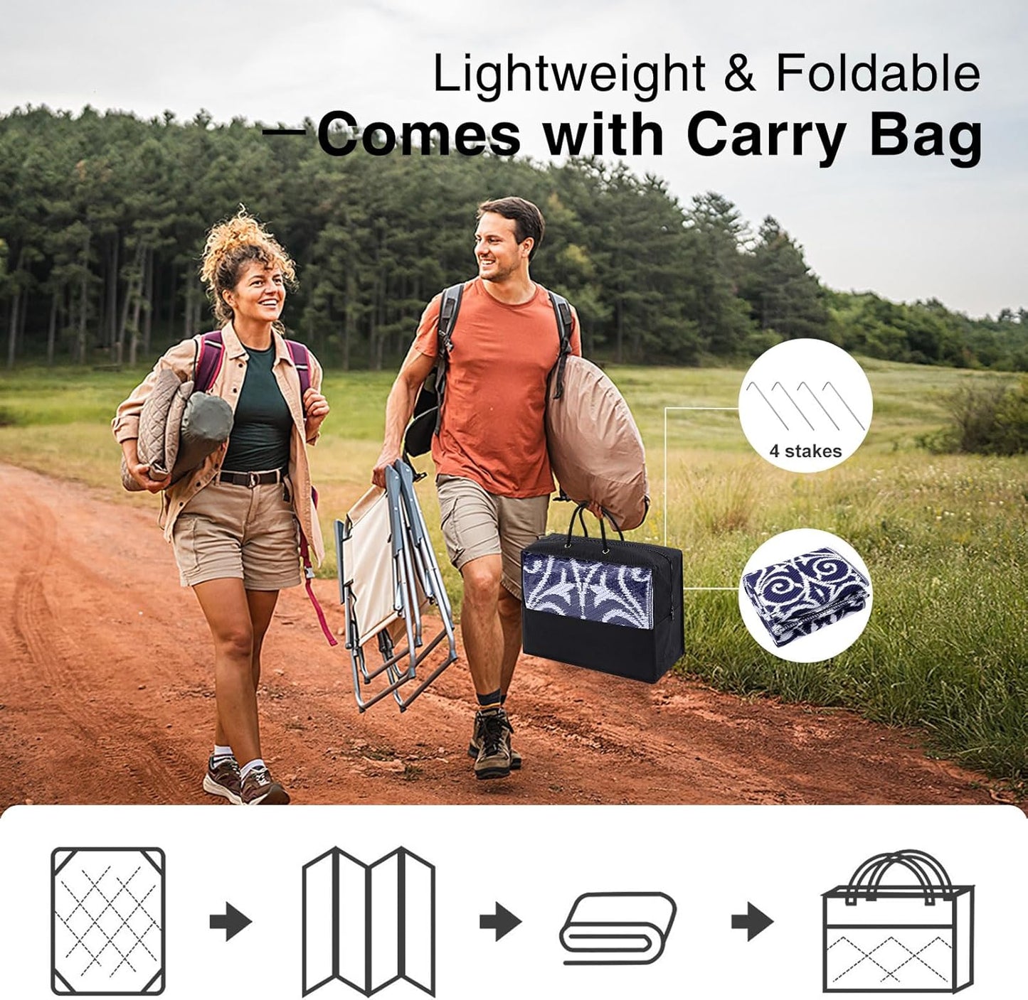 OLANLY Outdoor Rug Waterproof 9x12 ft Clearance, Reversible Outdoor Plastic Straw Rug with Floral Pattern, RV Mat for Patio, Camping, Balcony, Deck, Backyard, Navy & White