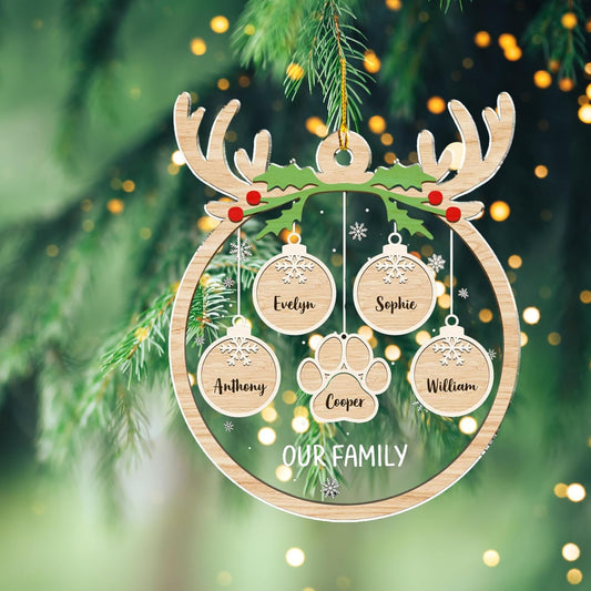 Personalized Family Christmas Acrylic Ornament 2024 - Custom Name Charms Family Members up to 10 People and Pets, Paw Charm Ornament Gifts for Family Tree Decoration (A01, 8 Names)