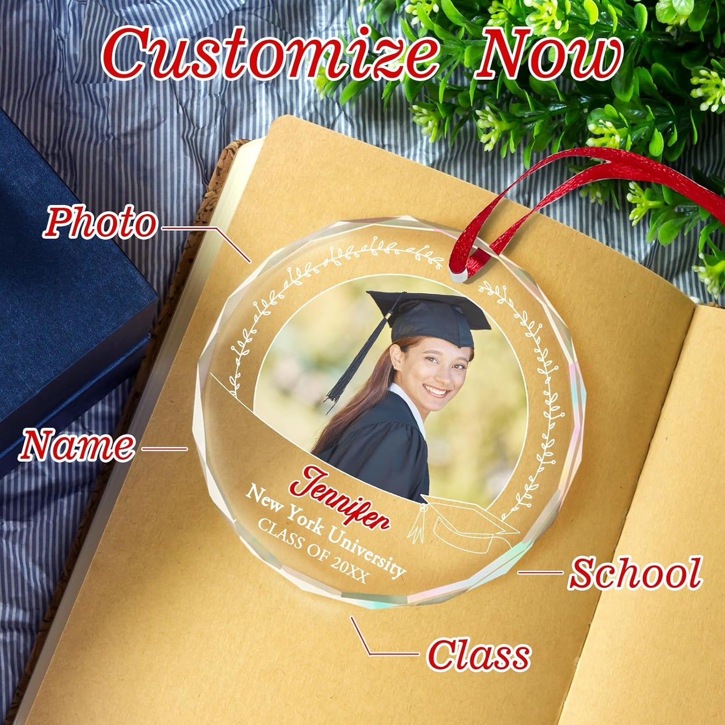 Personalized Graduate Glass Christmas Ornament 2025, Picture Graduation Ornament Gift for Congrats Son Daughter Friends, Custom Name School Class Photo Graduation Ornaments Gifts