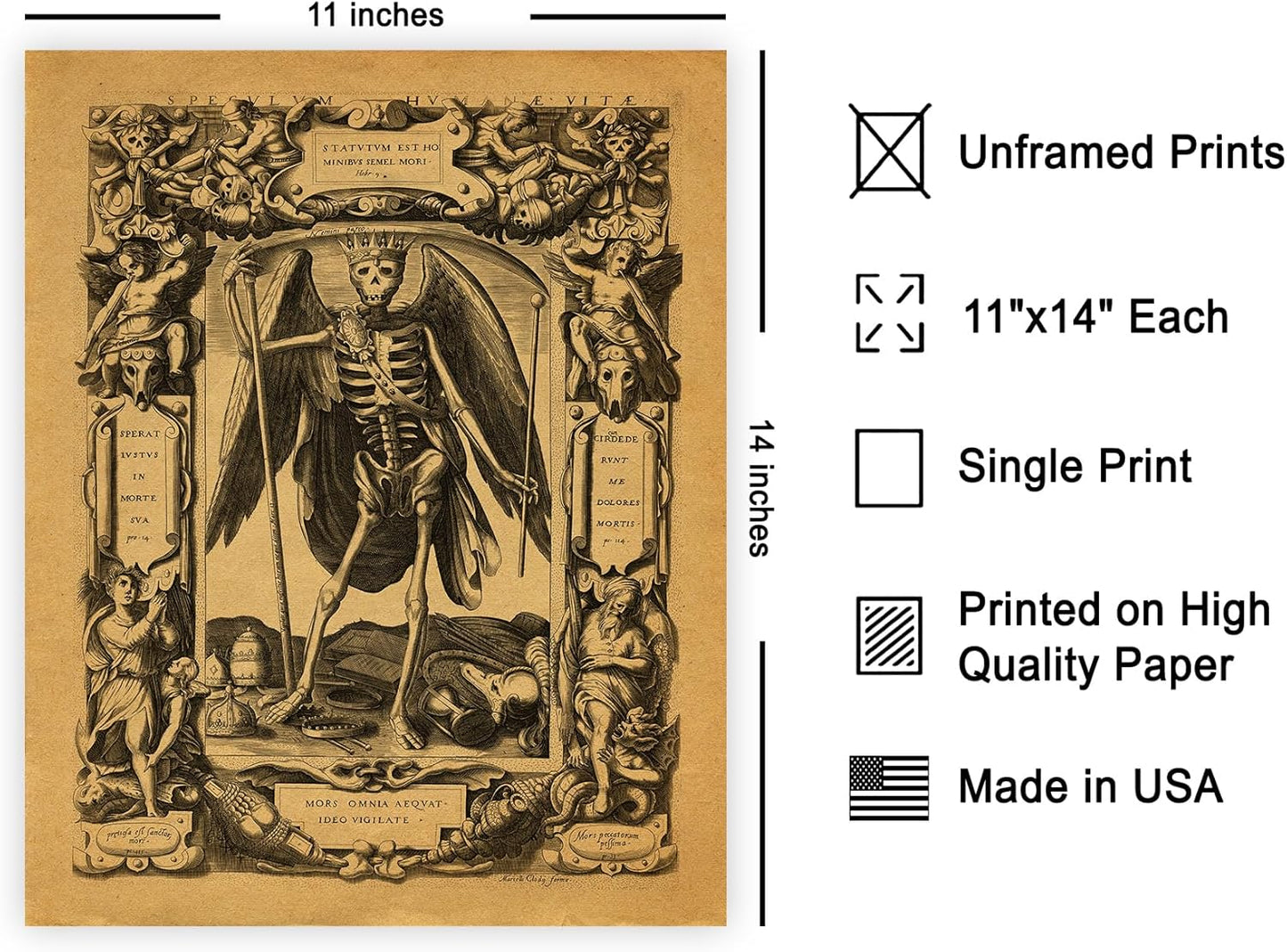 Poster Master Vintage Angel of Death Poster - Grim Reaper Print - Halloween Art - Mirror of Human Life Art - Gift for Men & Women - Gothic Decor for Living Room or Bedroom - 11x14 UNFRAMED Wall Art