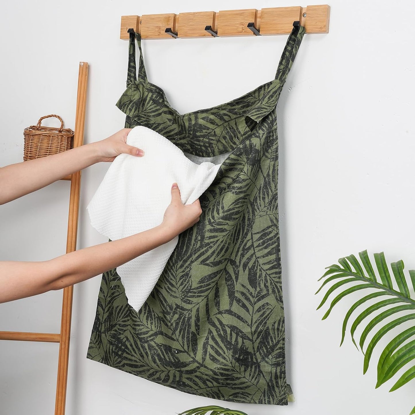 Linen Hanging Laundry Bag, 100% Linen Leaf Print Over The Door Laundry Hamper with Buttons and Zipper, Space Saving Door Hampers for Laundry Dirty Clothes Home Travel, Green, 19.7x27.5inches