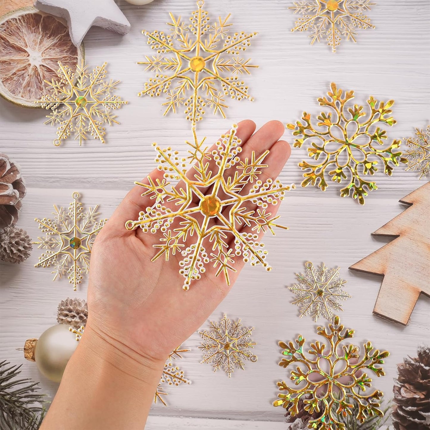 36pcs Gold Shine Christmas Snowflake Ornaments, Plastic Glitter Hanging Snow Flakes for Christmas Tree Decorations Winter Wonderland Frozen Birthday Party Holiday Home Decor