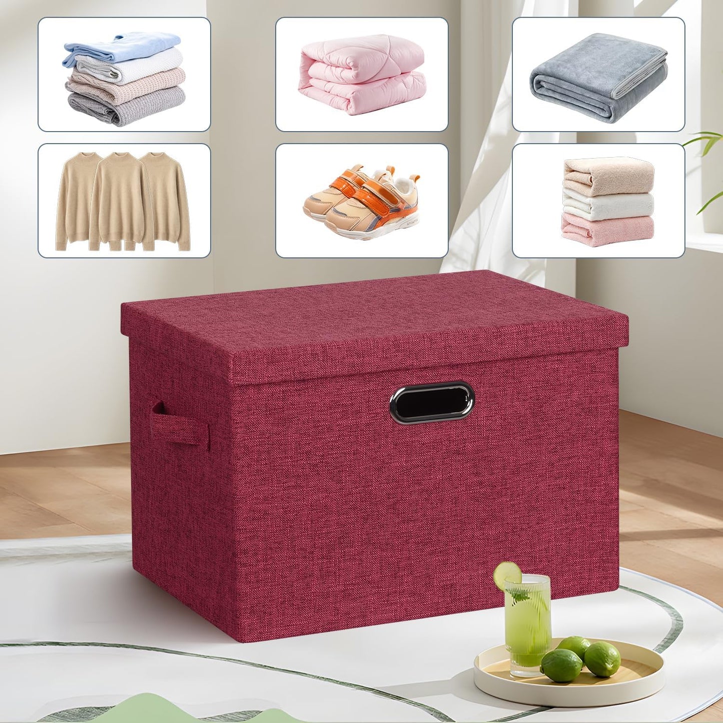 Large 17" 36 Quart Collapsible Stackable Storage Bins with Lids, 3 Packs Bright Red Linen Fabric Closet Boxes with Lids, Storage Cube Baskets Container Organizers for Office (17x12x11)