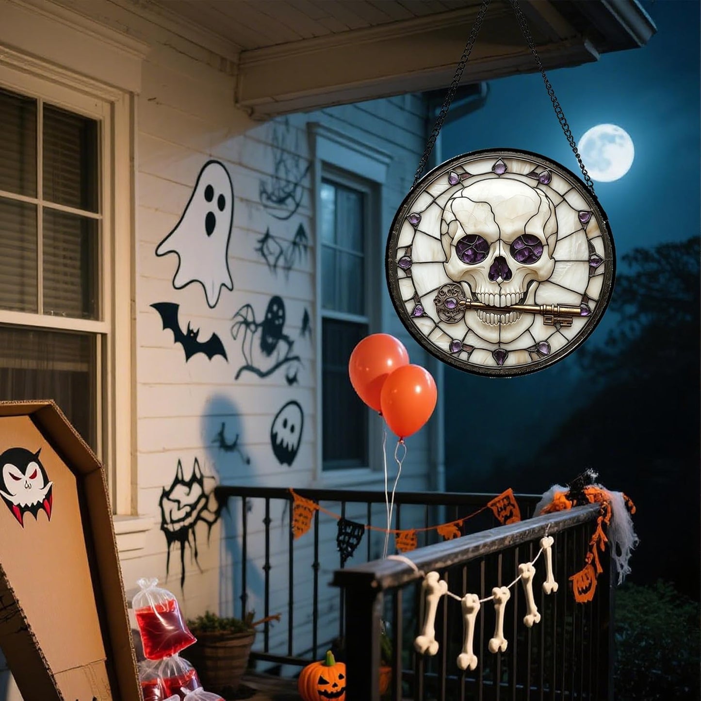 Stained Glass Window Hanging - Halloween Scary Skull Suncatcher for Doors Garden Home Spooky Purple Skeleton Key Sun Catchers Gothic Decor Horror Gifts for Women Men Friend Boy Girl 7.8 in