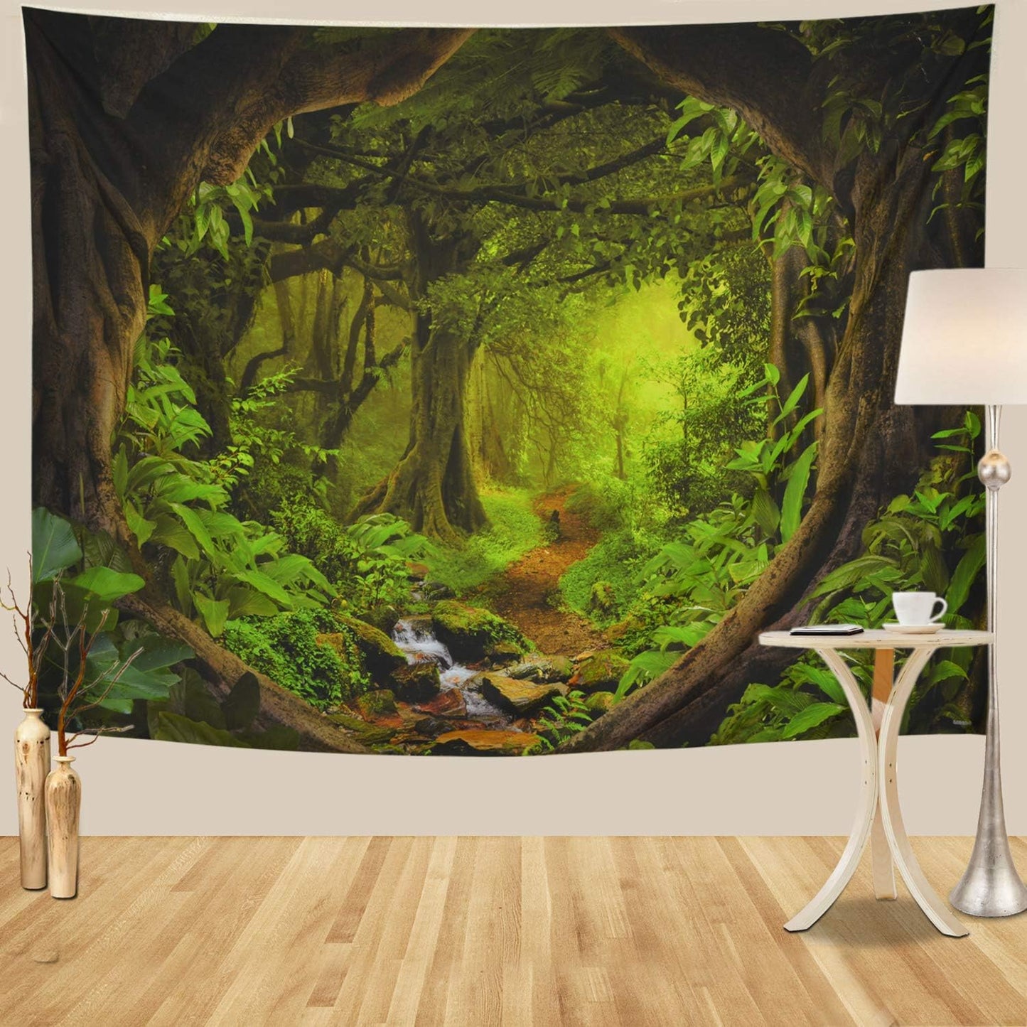 Tushelia Forest Nature Tree Cave Wall Hanging - Misty Forest Stream Through Rainforest Landscape Jungle Creek Psychedelic Tapestry for Living Room