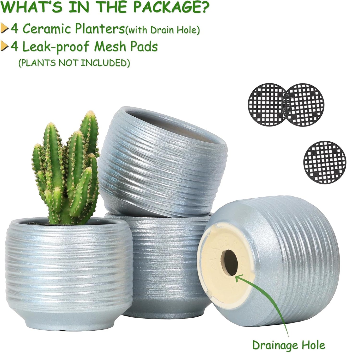 Mini Succulent Planter Set – 3.7 Inch Ceramic Pots with Drainage for Indoor Plants, Small Decorative Flower Pots for Cactus and House Plants, Set of 4