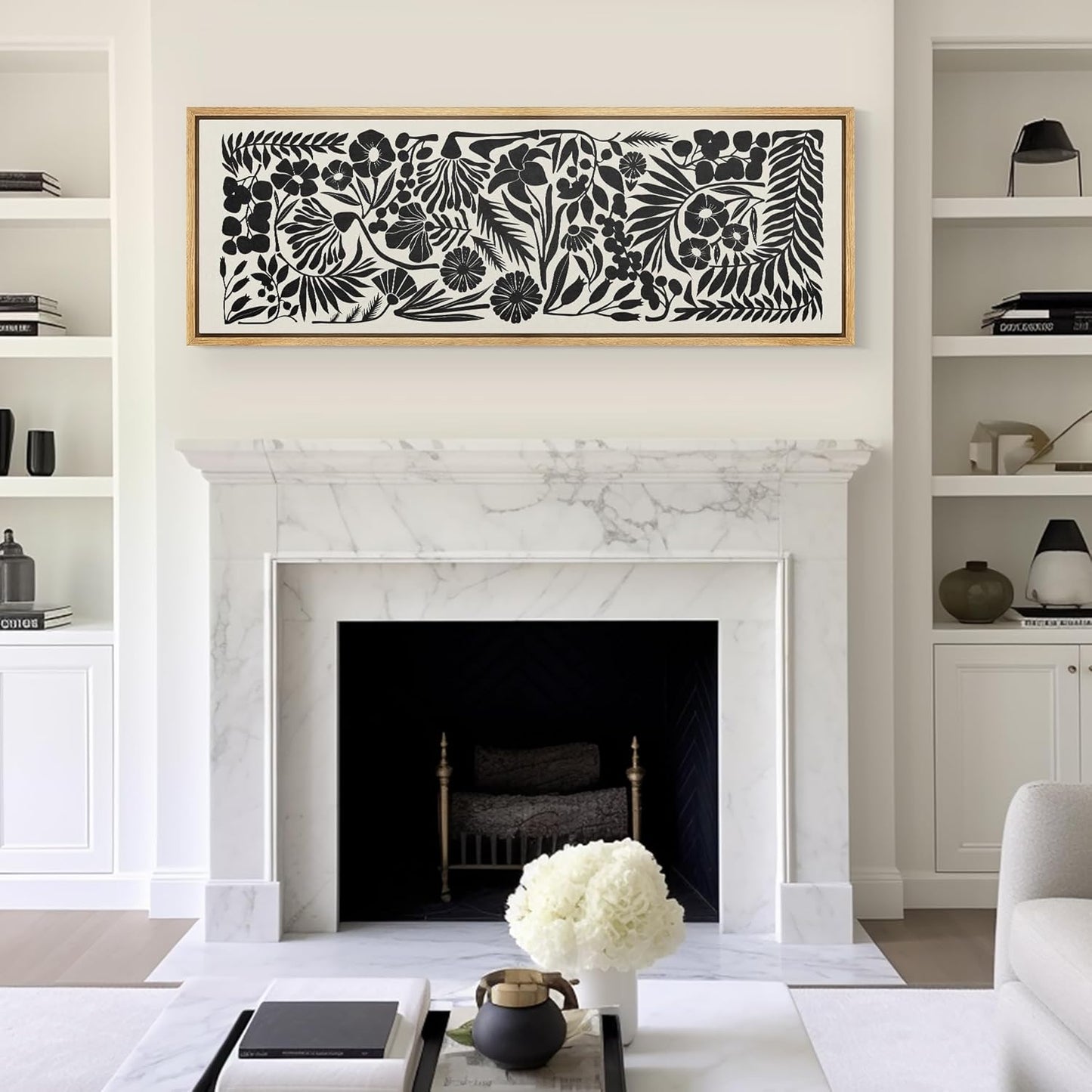 MUDECOR Large Framed Canvas Print Wall Art Monochrome Botanicals Black and White Floral Illustrations Antique Retro Fine Art Illustrations Decorative Colorful for Bedroom - 60"x20"