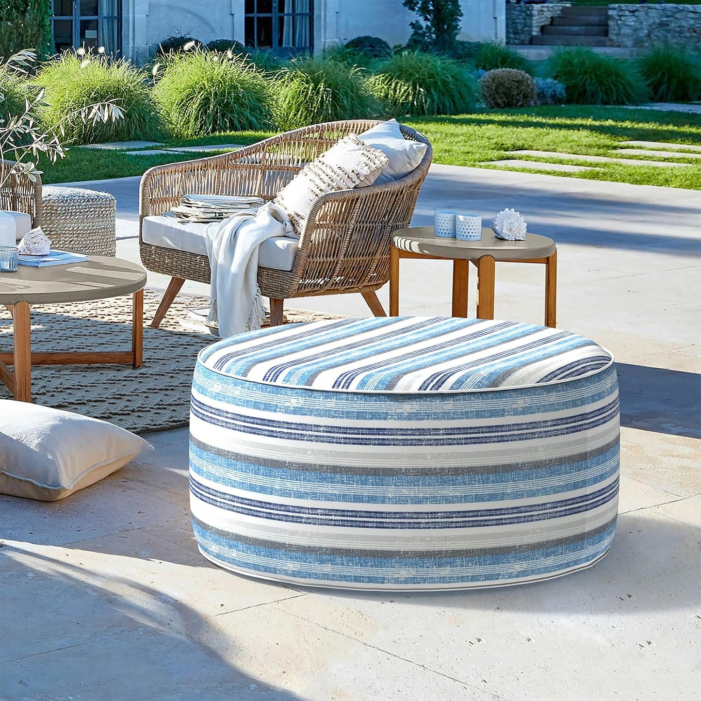 LVTXIII Outdoor Inflatable Ottoman, Fade-Resistant Round Footrest Stool D31”x H14”, Portable Patio Pouf for Garden Camping or Home Use, Stripe Layered Blue