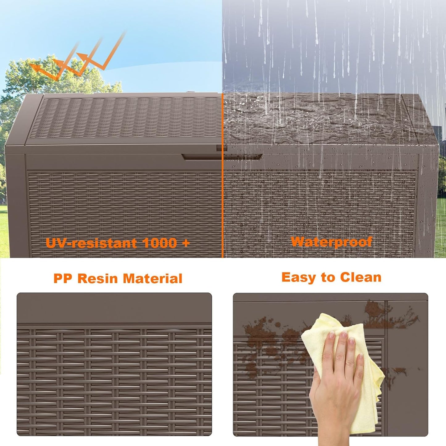 100 Gallon Resin Deck Box, Lockable Patio Outdoor Storage Box for Furniture, Garden Tools and Tools Storage, Waterproof Outside Storage Boxes - Grey