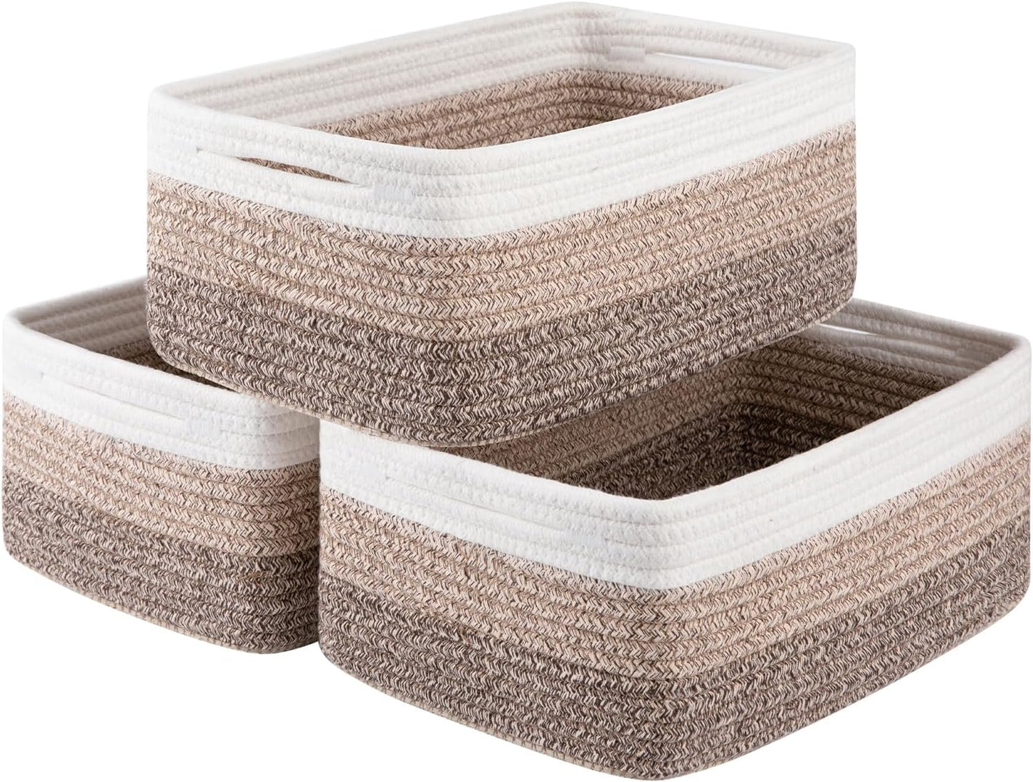 3 Pack Small Storage Baskets for Organizing, Cute Woven Decorative Gift Baskets for Shelves, Mini Closet Organizer Bins with Handles, 11.81''Lx7.87''Wx4.72''H-Brown White